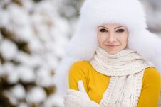 Winter Portrait Of Beautiful Smiling Woman With Snowflakes In White Furs Royalty Free Stock Photography Winter Portrait Of Beautiful Smiling Woman With Snowflakes In White Furs Royalty Free Stock Photography
