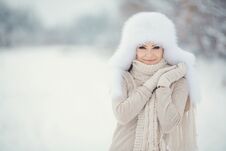 Winter Portrait Of Beautiful Smiling Woman With Snowflakes In White Furs Stock Photography Winter Portrait Of Beautiful Smiling Woman With Snowflakes In White Furs Stock Photography
