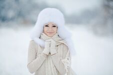 Winter Portrait Of Beautiful Smiling Woman With Snowflakes In White Furs Royalty Free Stock Images Winter Portrait Of Beautiful Smiling Woman With Snowflakes In White Furs Royalty Free Stock Images