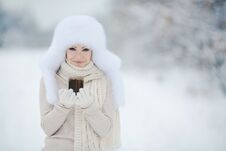 Winter Portrait Of Beautiful Smiling Woman With Snowflakes In White Furs Stock Image