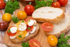 Ciabatta With Mozzarella And Colorful Cherry Tomatoes Royalty Free Stock Photos Ciabatta With Mozzarella And Colorful Cherry Tomatoes Royalty Free Stock Photos