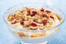 Dessert Of Natural Yogurt With Maple Syrup, Granola And Nuts Stock Photo Dessert Of Natural Yogurt With Maple Syrup, Granola And Nuts Stock Photo