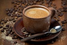 Espersso Cup, Sugar And Coffee Beans On Wooden Table Royalty Free Stock Images Espersso Cup, Sugar And Coffee Beans On Wooden Table Royalty Free Stock Images