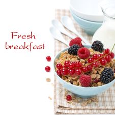 Homemade Granola With Fresh Berries And Jug Of Milk, Isolated Royalty Free Stock Photos