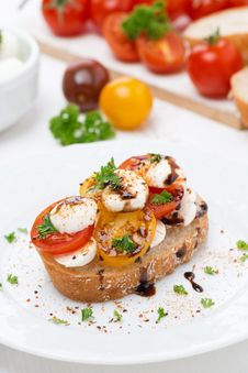 Piece Of Ciabatta With Mozzarella And Colorful Cherry Tomatoes Stock Photography Piece Of Ciabatta With Mozzarella And Colorful Cherry Tomatoes Stock Photography