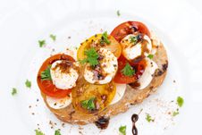 Piece Of Ciabatta With Mozzarella, Balsamic Sauce And Tomatoes Royalty Free Stock Photos Piece Of Ciabatta With Mozzarella, Balsamic Sauce And Tomatoes Royalty Free Stock Photos