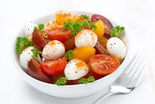 Salad With Mozzarella And Colorful Cherry Tomatoes, Close-up Stock Image Salad With Mozzarella And Colorful Cherry Tomatoes, Close-up Stock Image