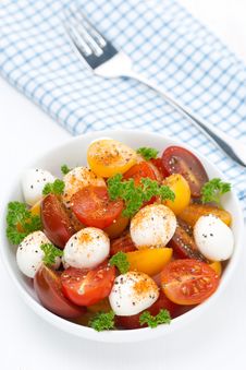 Salad With Mozzarella And Colorful Cherry Tomatoes, Top View Stock Photography Salad With Mozzarella And Colorful Cherry Tomatoes, Top View Stock Photography