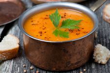 Spicy Red Lentil Soup In A Copper Saucepan, Close-up Stock Images Spicy Red Lentil Soup In A Copper Saucepan, Close-up Stock Images