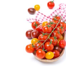 Assorted Cherry Tomatoes In Wooden Bowl, Isolated Stock Photos Assorted Cherry Tomatoes In Wooden Bowl, Isolated Stock Photos