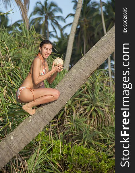 Young girl with coconut on the palm