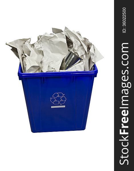 A blue bin full of paper and metal can for recycling purpose on white background