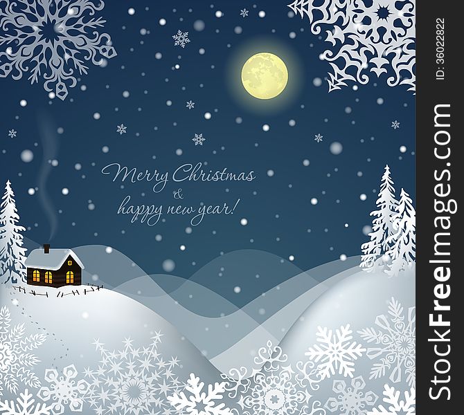 Winter Landscape with a House. Vector Christmas Card. Winter Landscape with a House. Vector Christmas Card