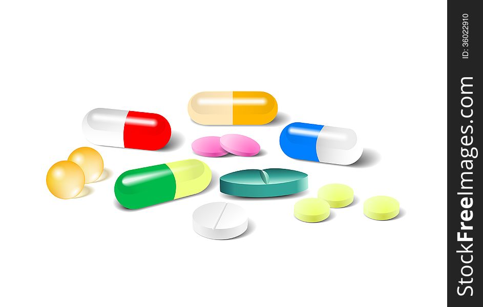 Different vector pills, tablet and capsule on a white background. Different vector pills, tablet and capsule on a white background