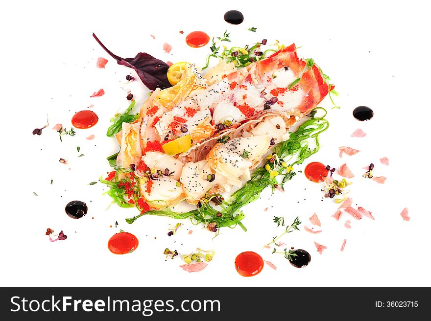 Lobster salad in japanese style with chuka seaweed and tobico