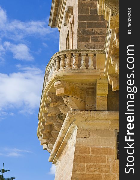 The front stone balcony of the Selmun Palace in the northern part of the island of malta