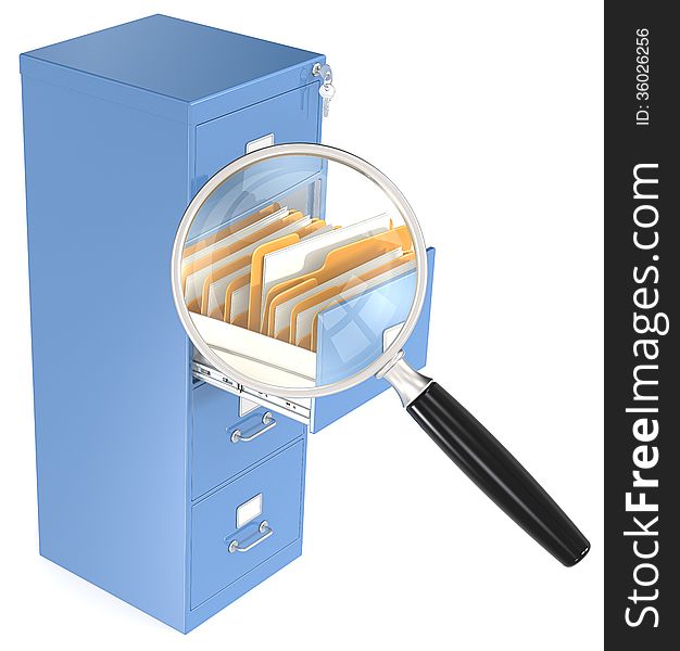 Magnifying glass over open file cabinet drawer. Magnifying glass over open file cabinet drawer.