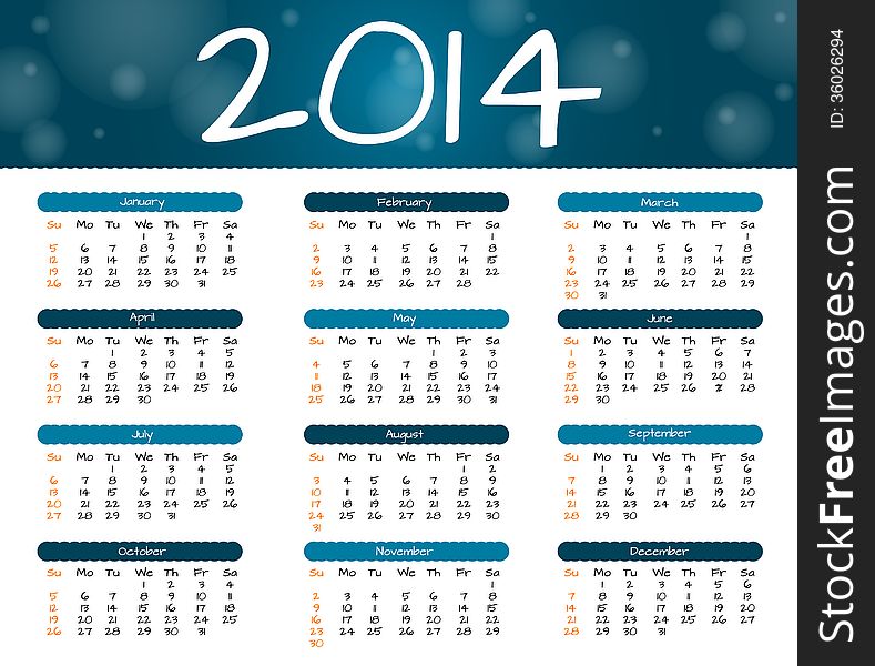 2014 calendar in blue style with bokeh effect. 2014 calendar in blue style with bokeh effect