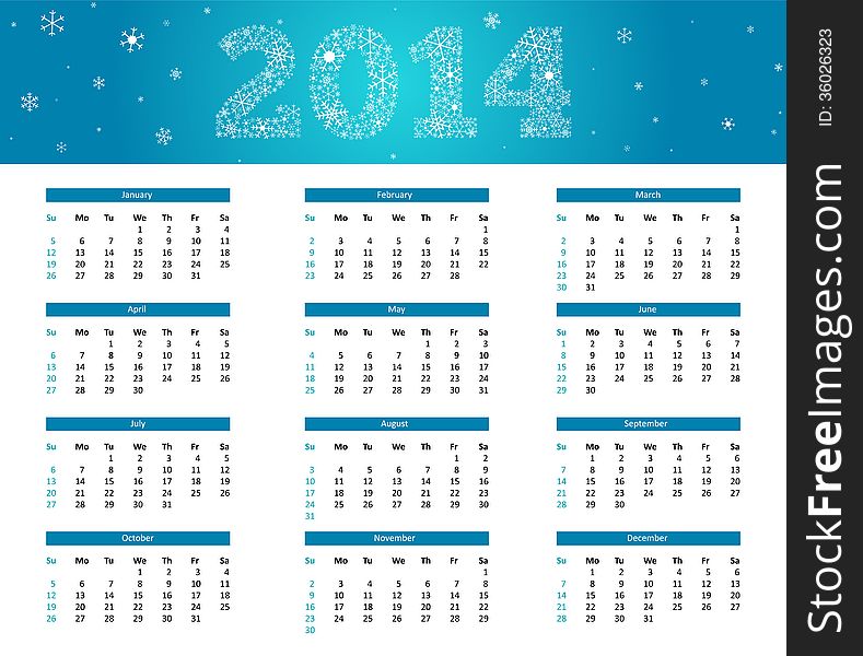2014 calendar in cold style - blue with snowflakes. 2014 calendar in cold style - blue with snowflakes