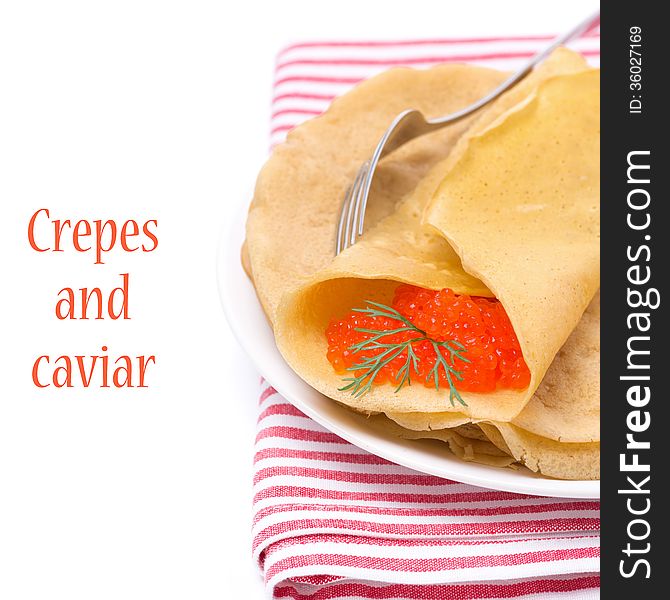 Crepes With Red Caviar, Isolated