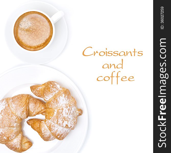 Fresh croissants and cup of coffee isolated, top view