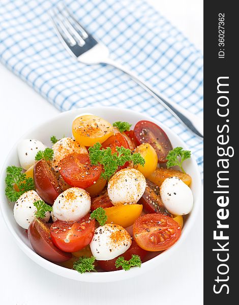 Salad With Mozzarella And Colorful Cherry Tomatoes, Top View