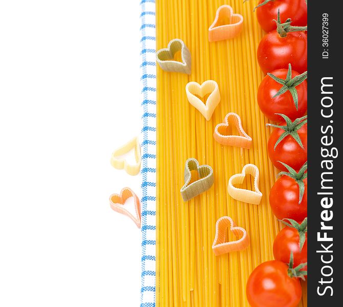 Spaghetti, Pasta In The Form Of Hearts And Cherry Tomatoes