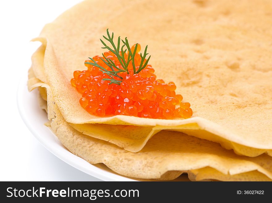 Stack Of Crepes With Red Caviar On A Plate, Close-up