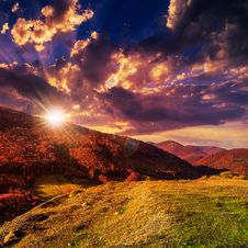 Autumn Hillside With Red And Yellow Forest At Sunset Stock Images Autumn Hillside With Red And Yellow Forest At Sunset Stock Images