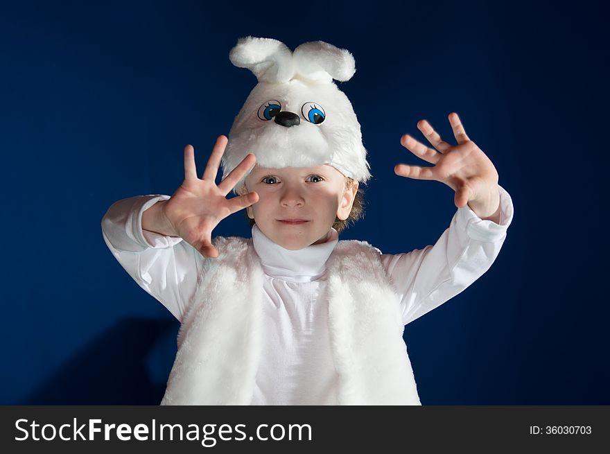 Boy dressed up as a new year costume of white Bunny. Boy dressed up as a new year costume of white Bunny