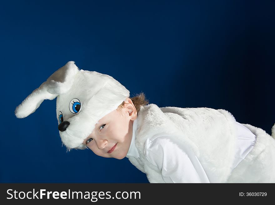 Boy dressed up as a new year costume of white Bunny. Boy dressed up as a new year costume of white Bunny