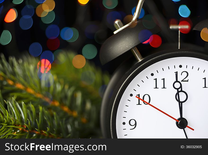 Christmas composition with clock on sparkling background. Christmas composition with clock on sparkling background