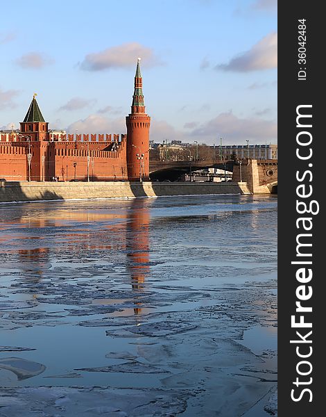 Beautiful winter river landscape with Moscow Kremlin towers. Beautiful winter river landscape with Moscow Kremlin towers