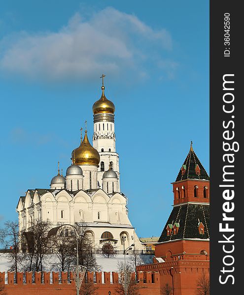 Church and Ivan the Great Bell in the Moscow winter. Church and Ivan the Great Bell in the Moscow winter