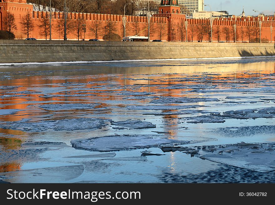 Moscow river with ice movement at the Kremlin wall