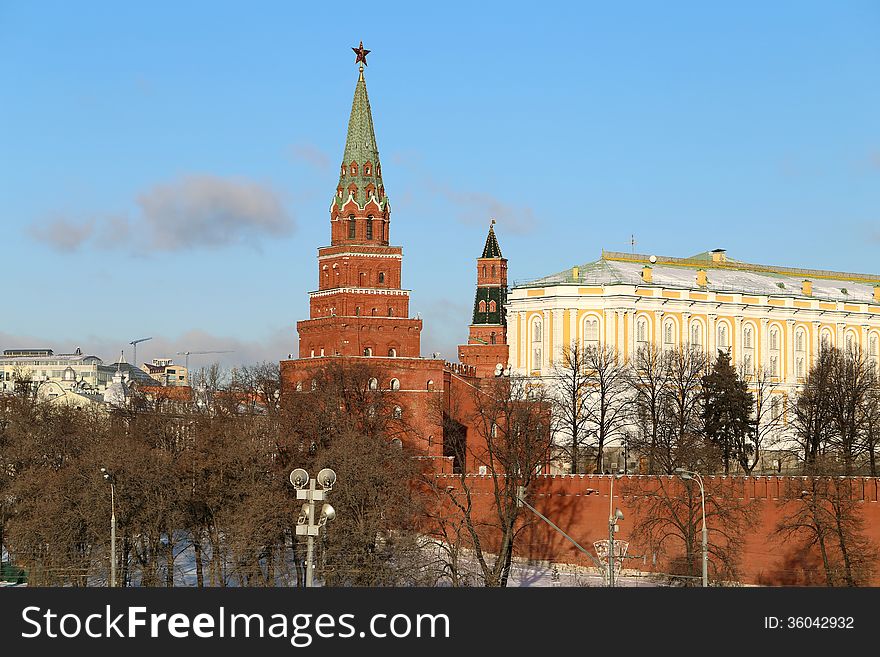 Kremlin towers and part of the garden in winter in Moscow