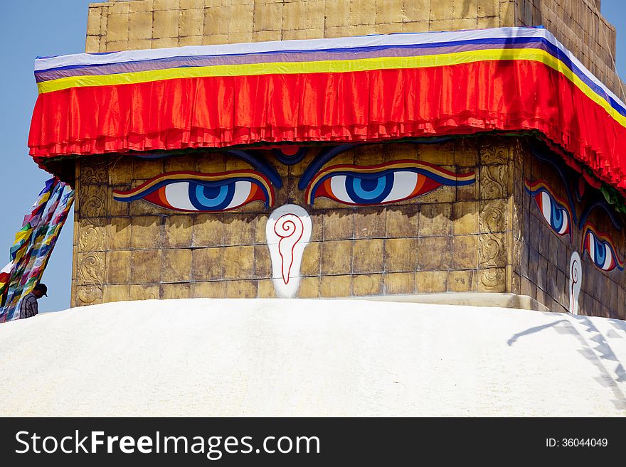 Eye Of Tibetan Stupa Boudnath And Buddhist Prayer Flags