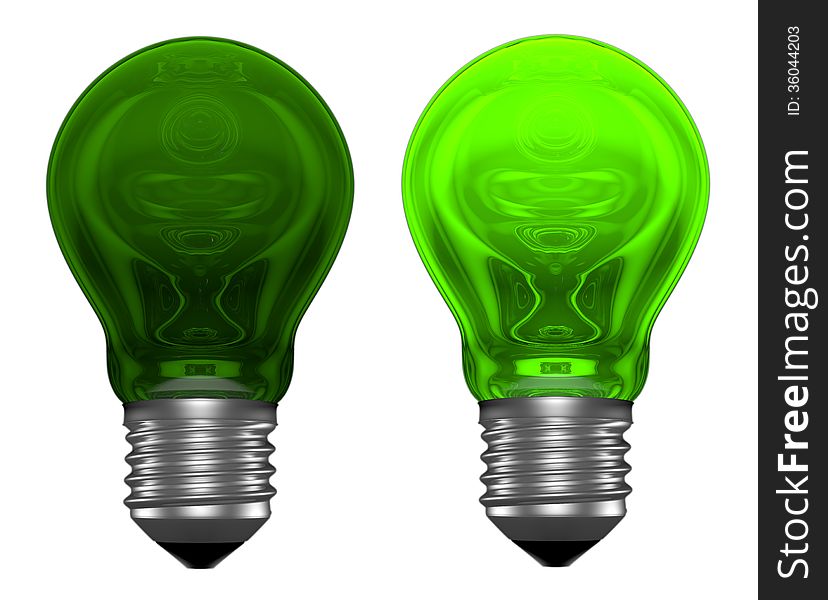 Green light bulbs with weird reflections isolated on white, one bulb is glowing, another isn't. Green light bulbs with weird reflections isolated on white, one bulb is glowing, another isn't