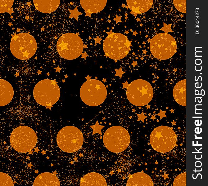 Seamless grungy black pattern with orange polka dots and stars (vector EPS 10. Seamless grungy black pattern with orange polka dots and stars (vector EPS 10