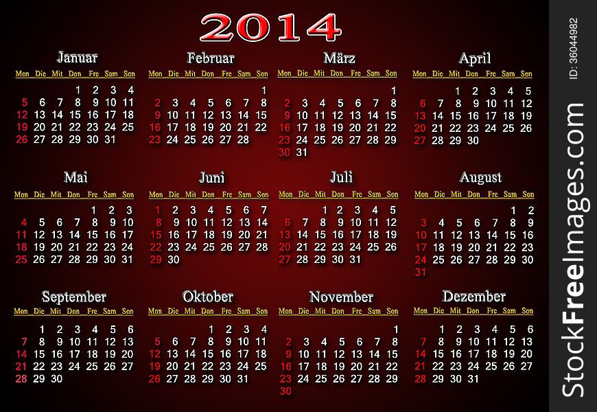 Beautiful claret and unusual calendar for 2014 year in German. Beautiful claret and unusual calendar for 2014 year in German