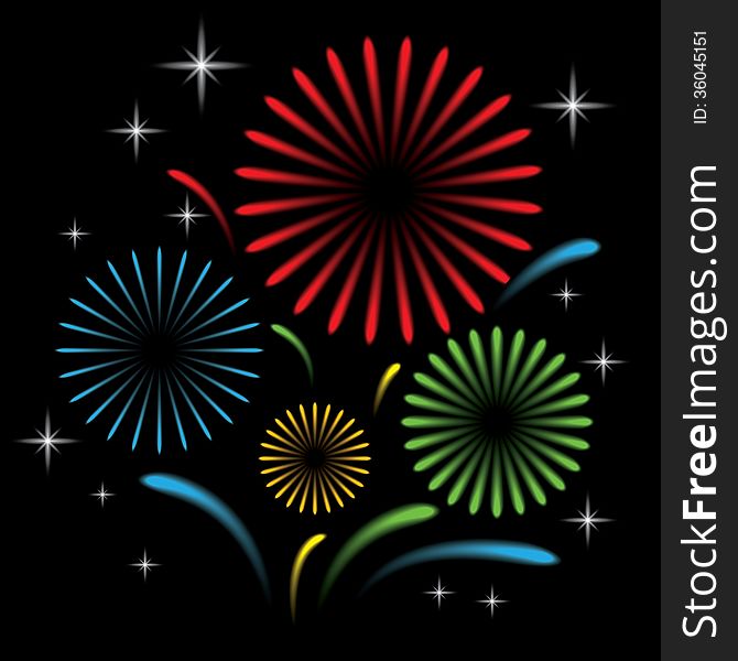 Fireworks with star on black background, Vector illustration