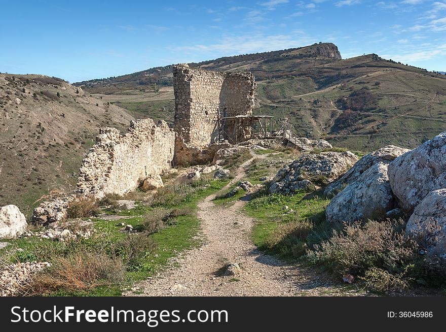 Ukraine, the Crimean peninsula, mountain landscape, the ruins of an ancient fortress in Balaklava