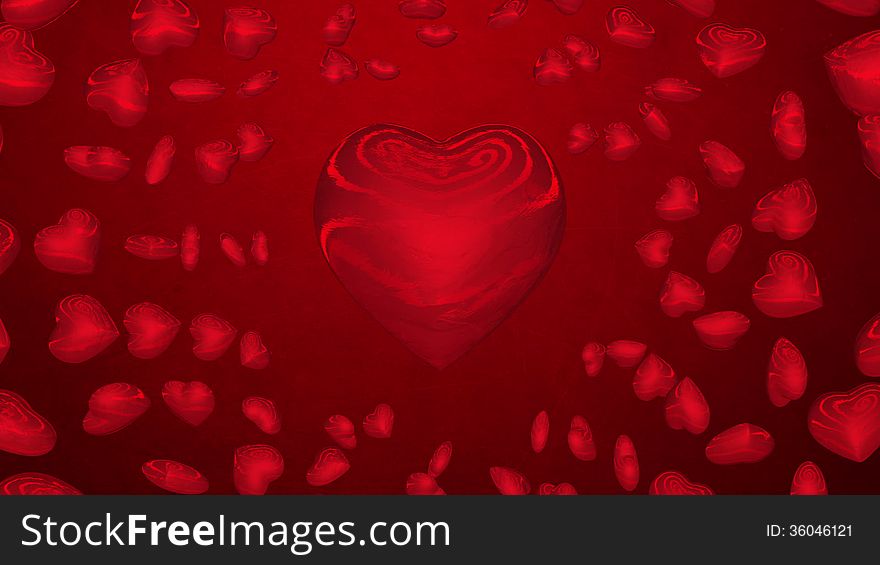 Rotating red hearts in center and on background. Rotating red hearts in center and on background