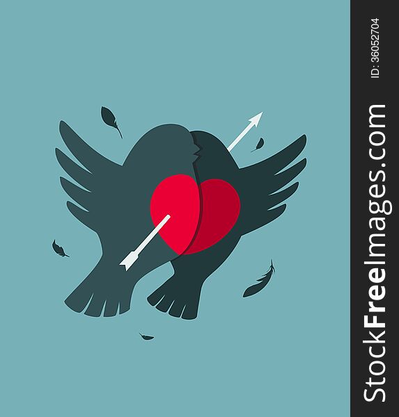 Bullfinch Birds Heart Love Couple with Arrow