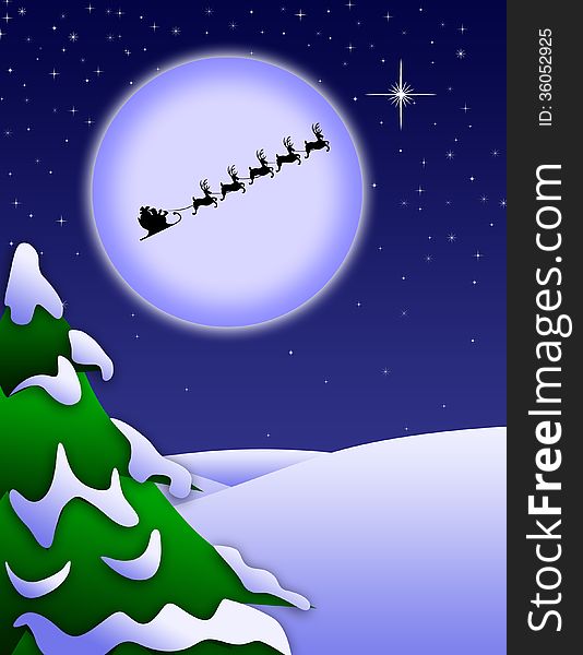 Santa Clause and his reindeer fly on Christmas in front of a large, glowing moon across a snowy sky. Santa Clause and his reindeer fly on Christmas in front of a large, glowing moon across a snowy sky.