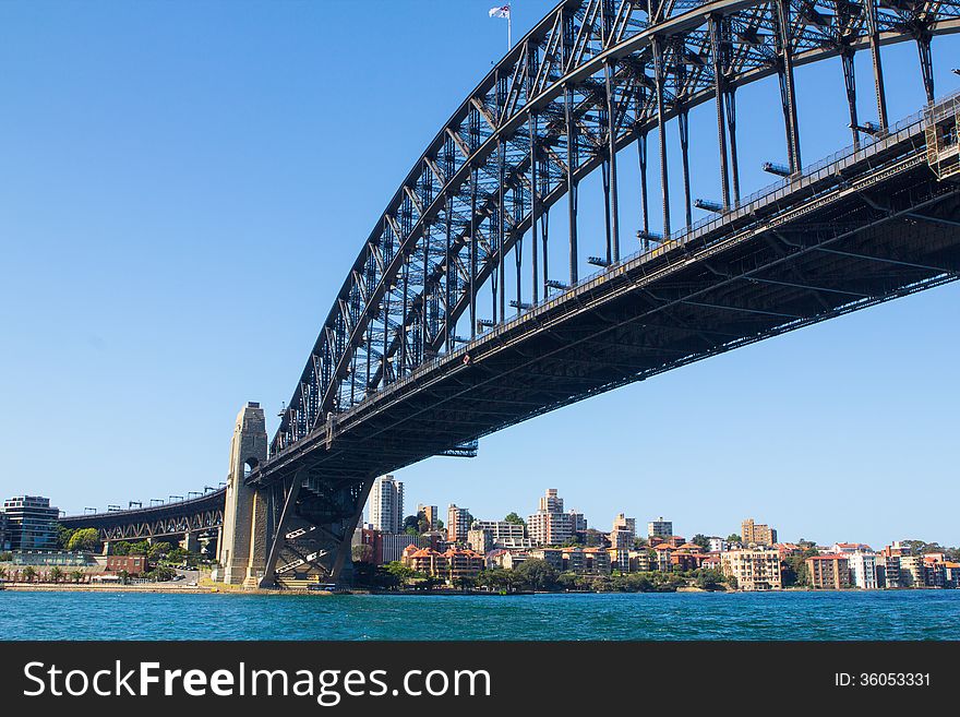 Sweeping view of Sydney Harbour Bridge looking out to Kirribilli. Sweeping view of Sydney Harbour Bridge looking out to Kirribilli