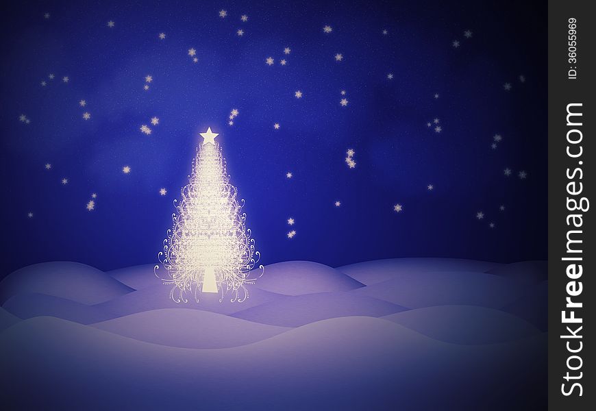 Abstract glowing Christmas tree on winter background.