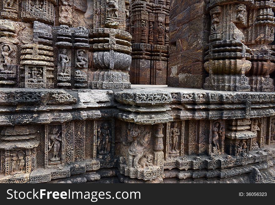 Ancient wall sculptors at the Konark sun temple in Orissa. Ancient wall sculptors at the Konark sun temple in Orissa.