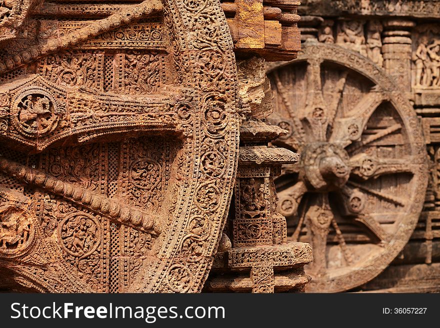 Ancient wall wheel sculptors at the Konark sun temple in Orissa. Ancient wall wheel sculptors at the Konark sun temple in Orissa.