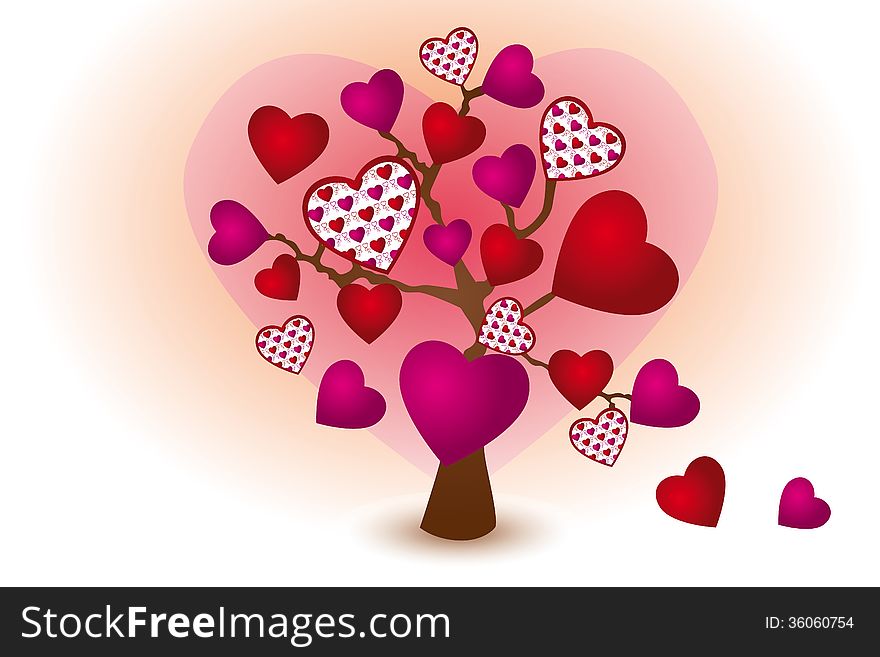 Tree of love - beautiful illustration for Valentines day with tree decorated by creative hearts